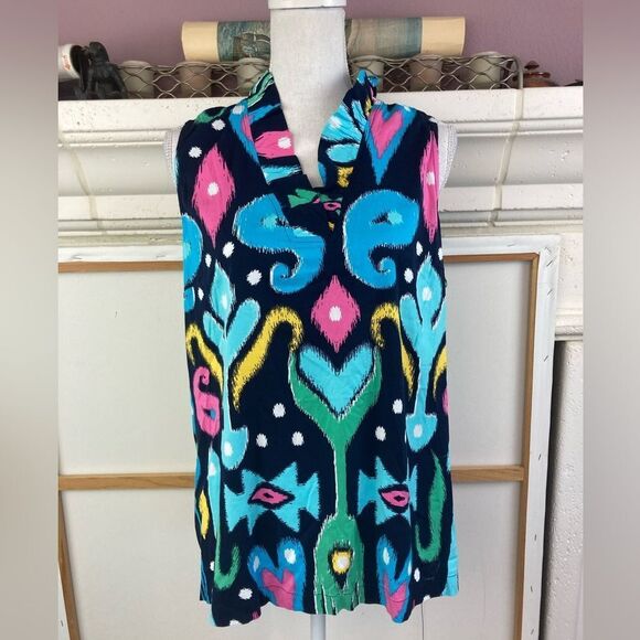 Crown& Ivy BNWT Navy Ikat w/ ruffle neckline sleeveless blouse - Picture 1 of 11